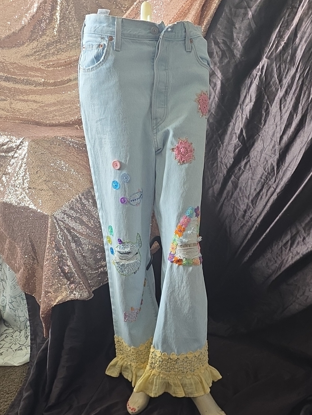 Light Blue Embellished Women’s Jeans with Yellow Crochet Hem